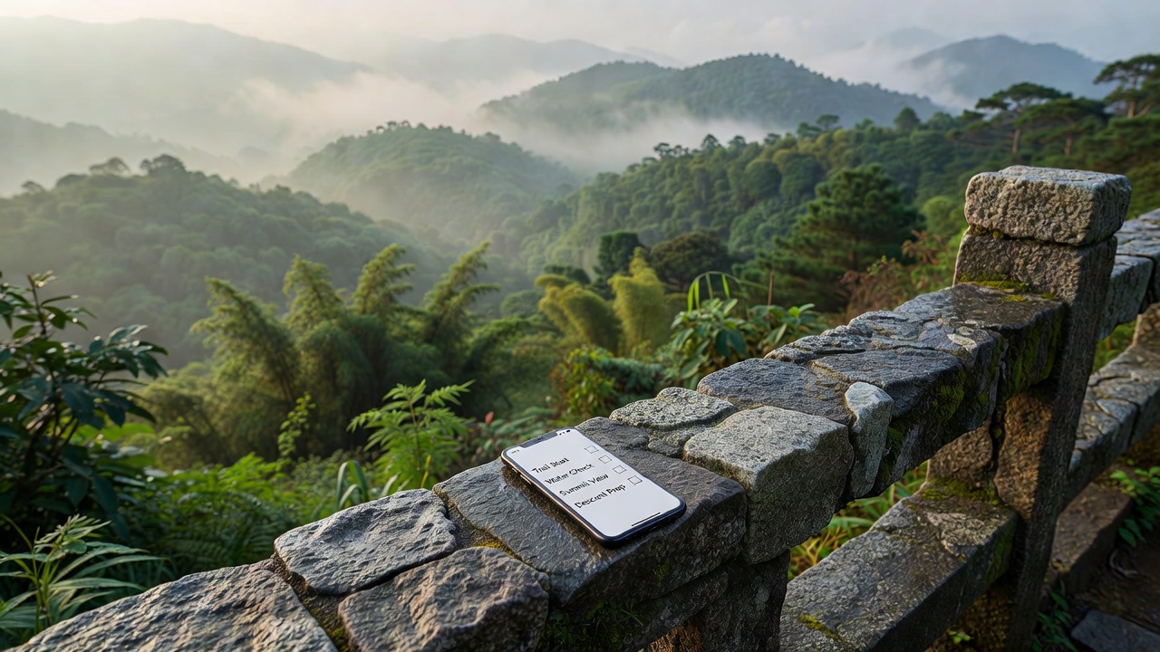 福州鼓山登山步道清晨实景，石栏上平放一部手机显示当天行程清单界面